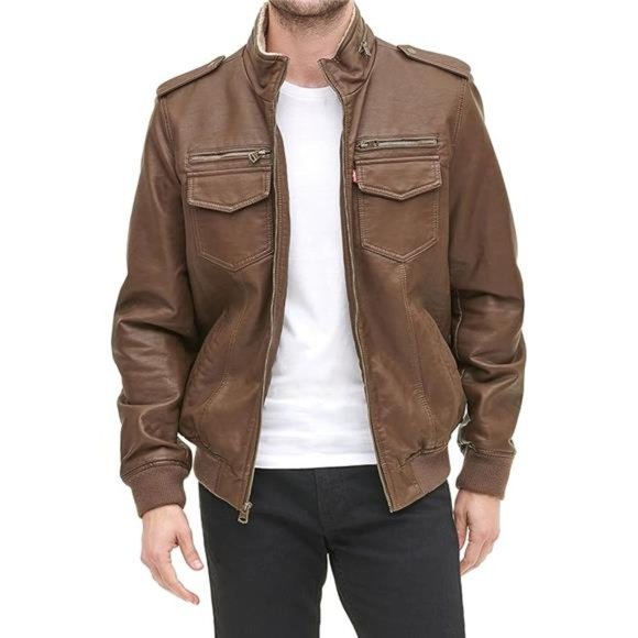 Men's Faux Leather Aviator Bomber Jacket, Dark Earth